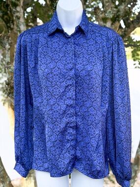 Vintage Natalie Blue Scroll Print Blouse Womens Size 6 Long Sleeve Button Front